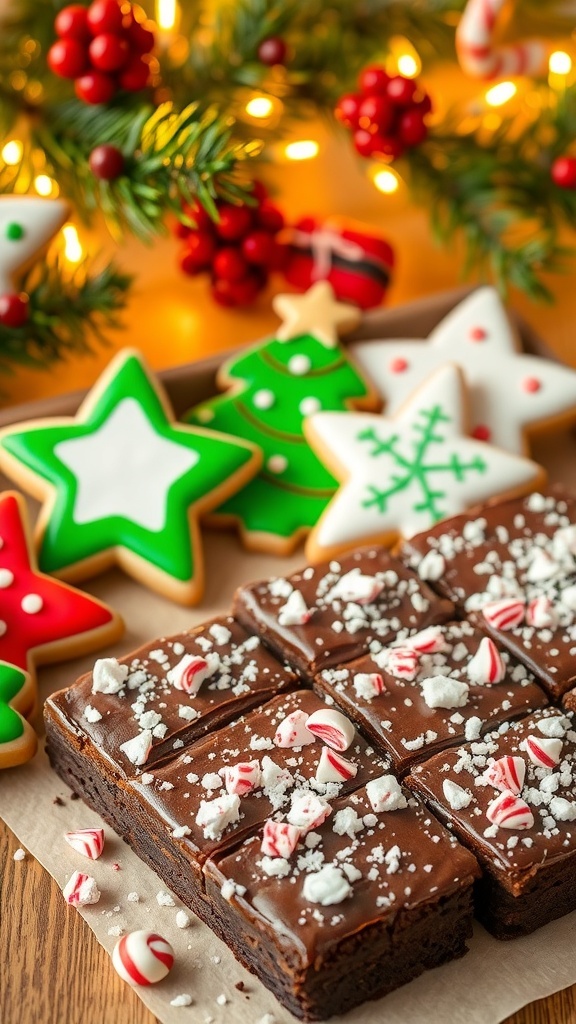 A variety of Christmas baked treats including sugar cookies and brownies on a decorated table.